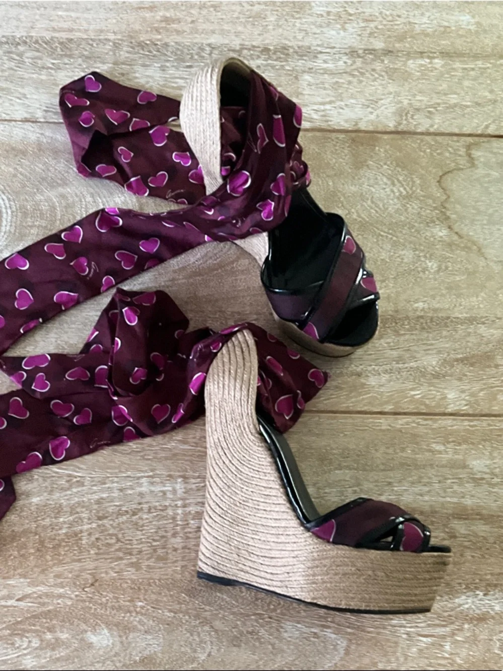 Gucci Burgundy and Pink Heart Wedge Sandals - Picture 5 of 9